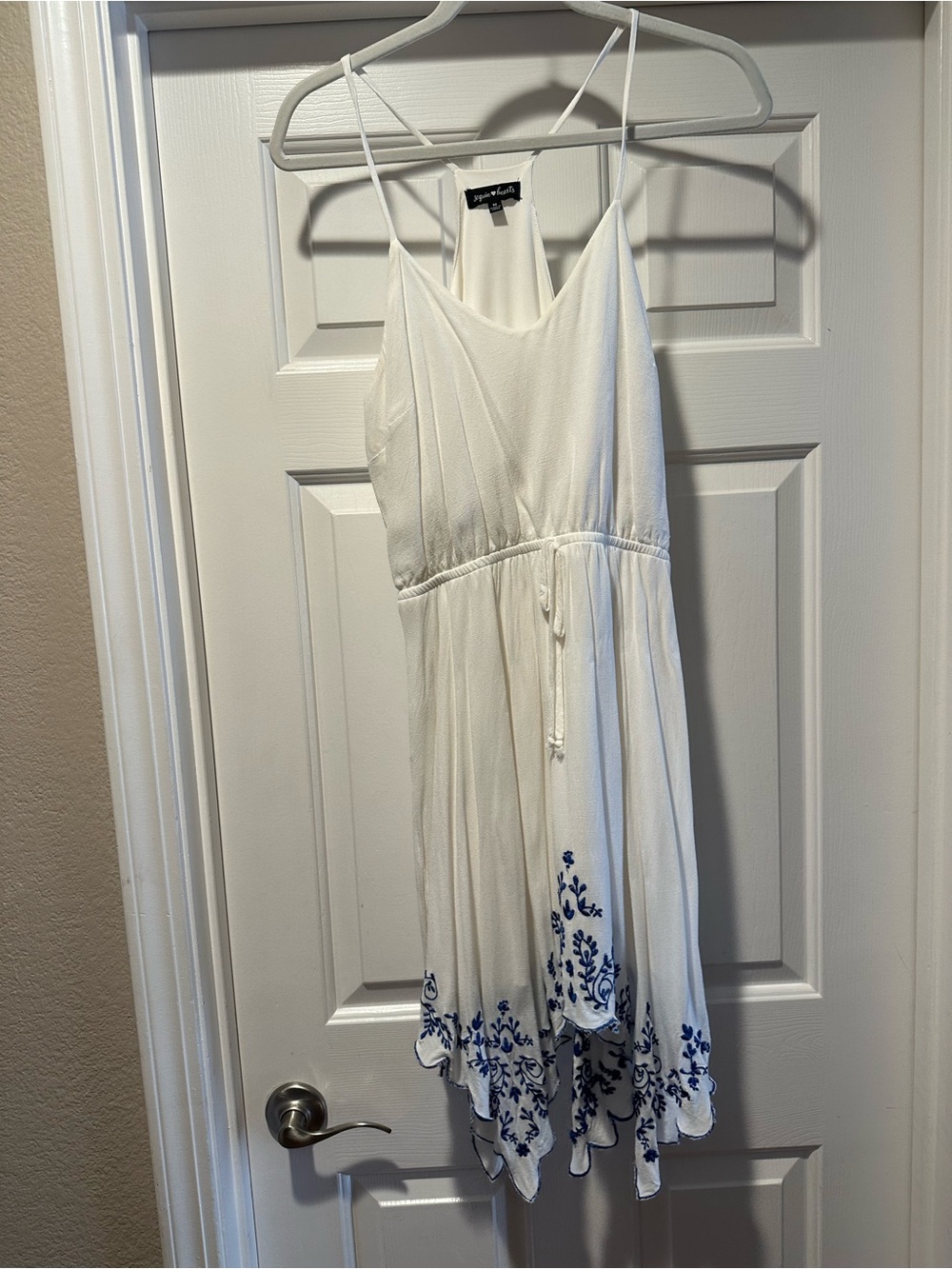 Sequin Hearts White Mini Dress with Blue Embroidered Hem